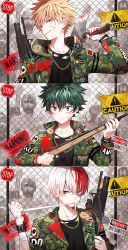 Rule 34 | !, 10s, 3boys, assault rifle, axe, bad id, bad pixiv id, badge, bakugou katsuki, bandaged arm, bandages, belt, birthday, blonde hair, blood, blood on face, bloody bandages, blue eyes, boku no hero academia, bruise, buckle, burn scar, camouflage, chain, chain-link fence, chain necklace, closed mouth, clothes writing, copyright name, dated, fence, finger on trigger, frown, green eyes, green hair, gun, hair between eyes, head tilt, height, holding, holding gun, holding weapon, hood, hooded jacket, injury, jacket, jewelry, long sleeves, looking at viewer, looking to the side, male focus, midoriya izuku, military, military uniform, mouth hold, multicolored hair, multiple boys, necklace, pocket, red eyes, red hair, rifle, road sign, scar, shirt, shotgun, sign, skull print, smirk, spoon (jesing), stop sign, string, thumb ring, todoroki shouto, torn clothes, torn shirt, traffic light, two-tone hair, uniform, upper body, warning sign, weapon, weapon on back, white hair, wristband, zombie