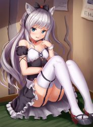 Rule 34 | 1girl, animal ears, apron, azur lane, bare shoulders, black bow, black hairband, blue eyes, blush, bow, breasts, buttons, cat ears, choker, cleavage, collarbone, detached sleeves, dress, eyebrows, eyelashes, facing away, frilled apron, frilled dress, frills, garter straps, grey footwear, hairband, hammann (azur lane), long hair, looking at viewer, maid apron, manda (manda9n), open mouth, panties, pantyshot, puffy short sleeves, puffy sleeves, red choker, remodel (azur lane), shoes, short dress, short sleeves, sidelocks, silver hair, sitting, small breasts, solo, star (symbol), strapless, strapless dress, thighhighs, tongue, underwear, very long hair, waist apron, white panties, white thighhighs, wrist cuffs