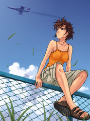 Rule 34 | 1girl, aircraft, airplane, bad id, bad pixiv id, brown eyes, brown hair, camisole, chain-link fence, cloud, contrail, day, earrings, f-104, fence, grass, jet, jewelry, crossed legs, messy hair, original, sandals, short hair, shorts, sitting, sky, smile, solo, tomoshiki
