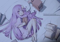 Rule 34 | barefoot, book, character name, commentary request, crescent, crescent hair ornament, day, dress, frilled dress, frilled sleeves, frills, fukutchi, hair between eyes, hair ornament, highres, holding, holding book, long hair, no headwear, no headwear, on bed, pajamas, patchouli knowledge, pillow, purple dress, purple eyes, purple hair, touhou