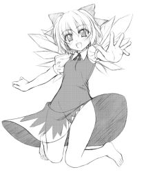 Rule 34 | 1girl, barefoot, bow, cirno, dress, embodiment of scarlet devil, female focus, foreshortening, full body, greyscale, head tilt, monochrome, no panties, pussy, reaching, reaching towards viewer, see-through, see-through dress, simple background, solo, touhou, uncensored, white background