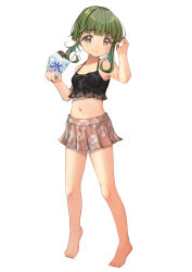 Rule 34 | 1girl, absurdres, barefoot, bikini, bikini skirt, blunt bangs, bob cut, breasts, brown eyes, floral print, food, full body, green hair, highres, kantai collection, looking at viewer, midriff, mismatched bikini, navel, official alternate costume, pink skirt, pleated skirt, shaved ice, short hair, short hair with long locks, sidelocks, simple background, skirt, sky, small breasts, solo, standing, swimsuit, takanami (kancolle), takanami kai ni (kancolle), white background, yashin (yasinz)