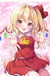 Rule 34 | 1girl, :d, ascot, blonde hair, commentary, crystal, flandre scarlet, frilled skirt, frills, highres, looking at viewer, one side up, open mouth, pink background, reaching, reaching towards viewer, red eyes, red skirt, red vest, shirotsuki shirone, shirt, short sleeves, skirt, smile, solo, touhou, vest, white shirt, wings, yellow ascot