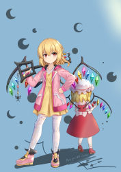 Rule 34 | 1girl, aged down, alternate costume, back bow, blonde hair, blue background, bow, collarbone, commentary request, contrapposto, crescent, crystal, dress, english text, facing away, flandre scarlet, flat chest, full body, gradient background, hair between eyes, hand on own hip, hat, height difference, highres, holding, holding weapon, jacket, kaeremu, keyblade, charm (object), kingdom hearts, mob cap, no headwear, pink footwear, pink jacket, red dress, red eyes, shadow, short hair, simple background, standing, thighhighs, touhou, weapon, white bow, white headwear, white thighhighs, wings, yellow dress