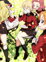 Rule 34 | 10s, 4girls, :o, assam (girls und panzer), black footwear, black ribbon, blonde hair, boots, braid, brown skirt, cake, chair, cup, darjeeling (girls und panzer), drinking, closed eyes, food, girls und panzer, grass, hair ribbon, highres, leaf, legs, long hair, looking at another, looking at viewer, military, military uniform, miniskirt, multiple girls, nakahira guy, orange eyes, orange hair, orange pekoe (girls und panzer), pleated skirt, red hair, ribbon, rosehip (girls und panzer), short hair, sitting, skirt, st. gloriana&#039;s military uniform, table, teacup, tiered tray, uniform