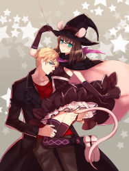 Rule 34 | 1boy, 1girl, animal ears, argyle, argyle clothes, argyle legwear, arthur pendragon (fate), bad id, bad pixiv id, blonde hair, blue eyes, brown hair, cape, dress, ears through headwear, fate/prototype, fate (series), glasses, gloves, green eyes, hat, highres, long hair, midorigawa akari, mouse ears, mouse tail, rojiura satsuki : chapter heroine sanctuary, sajou ayaka (fate/prototype), short hair, smile, tail, thighhighs, wand, witch, witch hat