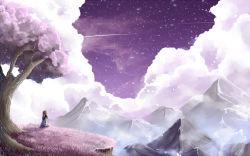 Rule 34 | 1girl, brown hair, cliff, cloud, cloudy sky, commentary, facing away, fantasy, fog, from behind, grass, long hair, mountain, original, outdoors, purple sky, shooting star, sitting, sky, solo, soup-plz, star (sky), starry sky, tree