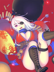 Rule 34 | 1girl, ahoge, belt, black gloves, bomb, boots, breasts, cleavage, convenient leg, cross-laced footwear, dynamite, enkyo yuuichirou, explosive, eyepatch, fingerless gloves, gloves, hair between eyes, hands up, highres, hisho collection, japanese clothes, kimono, knee boots, large breasts, leg strap, long hair, long sleeves, looking at viewer, one eye covered, open mouth, original, purple eyes, red background, scarf, simple background, smile, solo, thigh strap, tongue, tongue out, utility belt, white hair, wide sleeves
