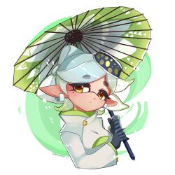 Rule 34 | 1girl, bow-shaped hair, colored tips, commentary, green hair, highres, holding, holding umbrella, inkling, jacket, long pointy ears, marie (splatoon), medium hair, mole, mole under eye, multicolored hair, nintendo, pointy ears, simple background, solo, splatoon (series), star-shaped pupils, star (symbol), starsorbet, symbol-only commentary, symbol-shaped pupils, tentacle hair, thick eyebrows, two-tone hair, umbrella, upper body, white background, white hair, white jacket, yellow eyes
