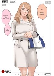 Rule 34 | 1girl, bag, blonde hair, blue eyes, breasts, coat, commentary, earrings, english commentary, english text, handbag, highres, jewelry, jnsdh, large breasts, long hair, mature female, mole, mole under mouth, original, own hands together, parted lips, recording, ring, standing, swept bangs, viewfinder, white coat