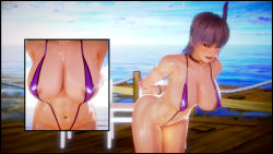 Rule 34 | 1girl, 3d, absurdres, ass, ayane (doa), bikini, breasts, choker, dead or alive, female focus, highres, honeykai (artist), large breasts, nipples, open mouth, outdoors, purple hair, pussy, red eyes, short hair, swimsuit