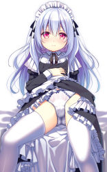 Rule 34 | 1girl, apron, apron lift, ass, black dress, bow, bow panties, clothes lift, dress, dress lift, frilled panties, frills, hand on own chest, leaning back, legs, lifted by self, long hair, looking at viewer, maid, maid headdress, original, panties, red eyes, silver hair, sitting, smile, solo, spread legs, thighhighs, thighs, underwear, usume shirou, white apron, white panties, white thighhighs