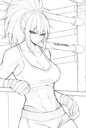 Rule 34 | 1girl, abs, absurdres, alternate costume, armpits, bandaged hand, bandages, bare shoulders, character name, closed mouth, female focus, highres, leona heidern, lineart, looking at viewer, monochrome, muscular, muscular female, navel, no bra, ponytail, shorts, solo, sports bra, the king of fighters, yones81239278