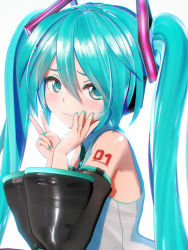 Rule 34 | 1girl, 3d, bbbbit, blue eyes, blue hair, blue nails, close-up, hair between eyes, hand on own cheek, hand on own face, hatsune miku, highres, light smile, nail polish, solo, twintails, v, vocaloid, white background