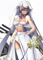 Rule 34 | 1girl, alternate costume, azur lane, blue ribbon, bouquet, breasts, bridal veil, cannon, closed mouth, cowboy shot, dress, flower, gradient background, grey hair, hair between eyes, hair ornament, head tilt, highres, holding, holding sword, holding weapon, itaco, lace, lace-trimmed legwear, lace trim, large breasts, long hair, looking at viewer, machinery, mole, mole under eye, petals, red eyes, ribbon, rigging, rose, saint-louis (azur lane), see-through, shawl, sideboob, sidelocks, simple background, skindentation, smile, solo, sword, thighhighs, transparent, turret, veil, weapon, wedding dress, white dress, white flower, white rose, white thighhighs