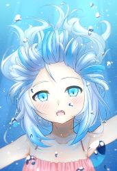 Rule 34 | 1girl, :o, arm up, armpits, bikini, blue eyes, blush, bubble, collarbone, flat chest, gawr gura, hair up, highres, hololive, hololive english, looking at viewer, multicolored hair, open mouth, sharp teeth, sleeveless, solo, streaked hair, sunlight, swimsuit, tankini, teeth, underwater, upper body, user rwvf7832, virtual youtuber, water, white hair