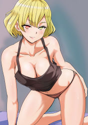 Rule 34 | 1girl, :3, all fours, black panties, blonde hair, breasts, camisole, charlotte (shironeko project), cleavage, collarbone, female pubic hair, hb (user wdxs7547), heterochromia, kneeling, large breasts, navel, panties, pubic hair, red eyes, see-through, shironeko project, short hair, smile, solo, sweat, underwear, yellow eyes