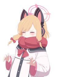Rule 34 | 1girl, absurdres, aimpoleume, animal ear headphones, animal ears, blonde hair, blue archive, blush, bow, bowtie, cat ear headphones, closed eyes, fake animal ears, hair bow, halo, headphones, highres, jacket, long sleeves, momoi (blue archive), red bow, red bowtie, red scarf, scarf, short hair, simple background, sneezing, solo, upper body, white background, white jacket