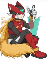 Rule 34 | 2boys, android, animal ears, blonde hair, commentary request, cyber elf x (mega man), helmet, holding, holding sword, holding weapon, long hair, male focus, mega man (series), mega man zero (series), multiple boys, simple background, sitting, sword, tail, translation request, weapon, wolf9431, wolf boy, wolf ears, wolf tail, x (mega man), z saber, zero(z) (mega man), zero (mega man)