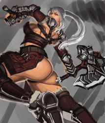 Rule 34 | 1girl, absurdres, arm guards, attack, axe, back, bad id, bad pixiv id, battle axe, boots, breasts, detached sleeves, female focus, grey hair, hammer, highres, holding, holding weapon, large breasts, long hair, looking at viewer, muscular, original, ponytail, shin guards, shoulder pads, sideboob, simple background, solo, thigh boots, thighhighs, warrior, weapon, wolflamb