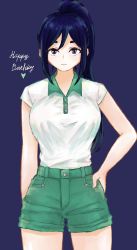 Rule 34 | 1girl, artist name, artist request, bare legs, blue background, blue hair, blush, breasts, buttons, close-up, collared shirt, female focus, green pants, green shorts, hair between eyes, hand on own hip, heart, heart (symbol), high ponytail, highres, long hair, looking at viewer, love live!, love live! sunshine!!, matsuura kanan, medium breasts, pants, parted lips, ponytail, purple eyes, shirt, short pants, short sleeves, shorts, smile, solo, white shirt