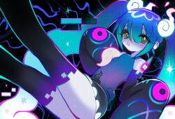 Rule 34 | 1girl, :o, absurdres, aqua hair, bare shoulders, black skirt, black sleeves, black thighhighs, blue hair, commentary, creatures (company), detached sleeves, feet out of frame, game freak, ghost miku (project voltage), grizzace, hatsune miku, highres, legs up, long hair, looking at viewer, necktie, nintendo, parted lips, pokemon, project voltage, purple shirt, shirt, simple background, skirt, solo, thighhighs, very long hair, vocaloid, white necktie, yellow eyes