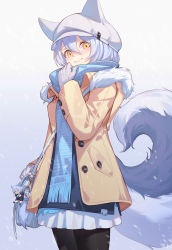 Rule 34 | 1girl, alternate costume, animal ears, arknights, bag, bag charm, black pantyhose, blue scarf, cabbie hat, charm (object), closed mouth, coat, cowboy shot, enpera, fur-trimmed coat, fur trim, gloves, gradient background, grey background, hair between eyes, hand up, handbag, hat, highres, long sleeves, looking at viewer, nian (zhanian), open clothes, open coat, pantyhose, provence (arknights), purple hair, scarf, shoulder bag, smile, solo, tail, unbuttoned, white gloves, white hat, wolf girl, wolf tail, yellow coat