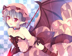 Rule 34 | 1girl, abandon ranka, alternate costume, bat wings, blue hair, bow, checkered background, hair bow, hat, pointy ears, red eyes, remilia scarlet, short hair, solo, spear the gungnir, touhou, wings