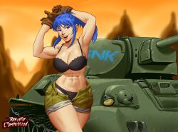 Rule 34 | 1girl, abs, armpits, arms behind head, artist name, black panties, blue eyes, blue hair, bra, breasts, cleavage, curvy, highres, large breasts, legs, leona heidern, military, military vehicle, motor vehicle, navel, open mouth, panties, ponytail, rakintor, seductive smile, shorts, smile, snk, tank, the king of fighters, thick thighs, thighs, unbuttoned, underwear, unzipped