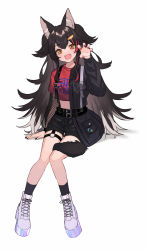 Rule 34 | 1girl, :d, animal ears, bare legs, belt, black hair, black jacket, black socks, black nails, black shorts, claw pose, crop top, fangs, fishnets, full body, hand up, highres, hololive, jacket, kneehighs, long hair, long sleeves, looking at viewer, midriff, multicolored hair, nail polish, ookami mio, open clothes, open jacket, open mouth, orange eyes, red nails, red shirt, see-through, see-through sleeves, shirt, shoes, short shorts, short sleeves, shorts, shugao, sitting, smile, sneakers, socks, solo, streaked hair, tail, thigh strap, thighs, two side up, very long hair, virtual youtuber, white footwear, wolf ears, wolf girl, wolf tail