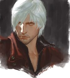 Rule 34 | 1boy, aged up, blue eyes, closed mouth, coat, dante (devil may cry), devil may cry, devil may cry (series), devil may cry 4, facial hair, hair over one eye, looking to the side, luckytea 777, male focus, red coat, solo, white hair