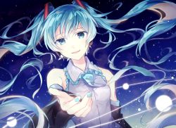 Rule 34 | 1girl, blue eyes, blue hair, blue nails, blue necktie, detached sleeves, floating hair, grey shirt, hair between eyes, hair ornament, hatsune miku, long hair, looking at viewer, nail polish, necktie, open mouth, outstretched arm, shirt, sleeveless, sleeveless shirt, smile, solo, twintails, upper body, very long hair, vocaloid, yoishi (fuchi39)
