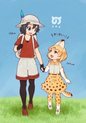 Rule 34 | ..., 10s, 2girls, :d, animal ears, animal print, ankle boots, arm at side, backpack, bag, bare shoulders, belt, black belt, black gloves, black hair, black legwear, black ribbon, blue eyes, blue sky, boots, bow, bowtie, brown footwear, bucket hat, collarbone, cross-laced clothes, day, elbow gloves, eye contact, eyelashes, footwear ribbon, full body, gloves, grass, grey footwear, grey hat, grey shirt, hair between eyes, hat, hat feather, height, height difference, high-waist skirt, highres, holding hands, japari symbol, kaban (kemono friends), kemono friends, loafers, looking at another, looking down, looking up, multiple girls, nakashima (middle earth), open mouth, orange hair, outdoors, pantyhose, print bow, print bowtie, print gloves, print legwear, print neckwear, print skirt, red shirt, ribbon, serval (kemono friends), serval print, serval tail, shadow, shirt, shoes, short hair, short sleeves, shorts, size comparison, skirt, sky, sleeveless, sleeveless shirt, smile, striped tail, tail, tareme, thighhighs, translated, walking, wavy hair, yellow eyes