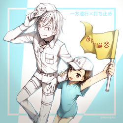 Rule 34 | 10s, 1boy, 1girl, :d, accelerator (toaru majutsu no index), baseball cap, belt, belt buckle, blouse, blue shirt, brown eyes, brown hair, buckle, choker, commentary request, cosplay, crossover, flag, hat, hat tip, hataraku saibou, holding, holding clothes, holding flag, holding hat, last order (toaru majutsu no index), locked arms, long sleeves, looking at another, looking at viewer, momijiyoung, open mouth, platelet (hataraku saibou), platelet (hataraku saibou) (cosplay), red eyes, shirt, short hair, shorts, smile, t-shirt, toaru majutsu no index, white blood cell (hataraku saibou), white blood cell (hataraku saibou) (cosplay), white cap, white hair, white hat