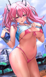 Rule 34 | 1girl, absurdres, azur lane, bare shoulders, bikini, blush, breasts, bremerton (azur lane), bremerton (scorching-hot training) (azur lane), crop top, earrings, fingernails, front-tie bikini top, front-tie top, hair between eyes, hair ornament, highleg, highleg bikini, highres, holding, jewelry, large breasts, long hair, multicolored hair, navel, nuo (fttv3255), official alternate costume, open mouth, pink eyes, pink hair, shirt, sleeveless, sleeveless shirt, sportswear, streaked hair, sweat, swimsuit, thighs, twintails, two-tone shirt, wet