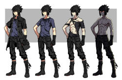 Rule 34 | 10s, 1boy, black gloves, black hair, black jacket, boots, decoponmagi, final fantasy, final fantasy xv, full body, gloves, hand on own hip, jacket, male focus, multiple views, navel, noctis lucis caelum, pectorals, red eyes, shirt, topless male, single glove, skull print, spiked hair, stomach, toned, torn clothes, torn shirt, white background