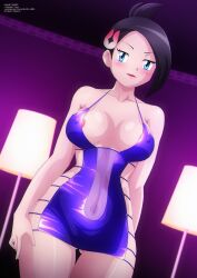 Rule 34 | 1girl, absurdres, black hair, blue eyes, blush, breasts, clothing cutout, collarbone, covered erect nipples, creatures (company), dress, game freak, hair ornament, highres, lamp, large breasts, looking at viewer, mai (pokemon), navel, navel cutout, nintendo, open mouth, pokemon, pokemon legends: arceus, purple dress, short hair, sleeveless, sleeveless dress, smile, standing, zel-sama