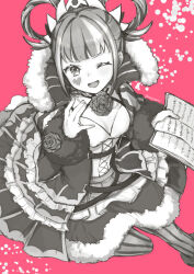 Rule 34 | 1girl, cross-laced clothes, cross-laced dress, dress, facial mark, fire emblem, fire emblem engage, flower, folded twintails, greyscale, hair flaps, hair rings, heart, heart facial mark, hortensia (fire emblem), monochrome, nintendo, nosuzatta, pink background, rose, striped clothes, striped dress, two-tone pantyhose, vertical-striped clothes, vertical-striped dress