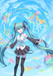Rule 34 | 1girl, 39, absurdly long hair, aqua eyes, aqua hair, aqua necktie, artist name, artist request, bare shoulders, black footwear, black skirt, black sleeves, black thighhighs, blue eyes, blue hair, blue necktie, blue sky, blush, boots, breasts, circle, cloud, collared shirt, detached sleeves, female focus, hair between eyes, hair ornament, hatsune miku, headphones, headset, highres, instrument, long hair, long sleeves, looking at viewer, necktie, outdoors, paper airplane, parted lips, piano, pleated skirt, shirt, shoulder tattoo, skirt, sky, sleeveless, sleeveless shirt, sleeves past fingers, sleeves past wrists, small breasts, solo, tattoo, thigh boots, thigh gap, thighhighs, triangle, twintails, very long hair, vocaloid, white shirt