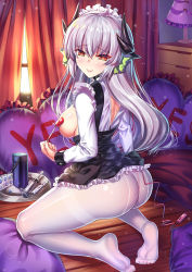 Rule 34 | 1girl, alternate costume, ass, black dress, breasts, breasts out, dragon girl, dragon horns, dress, enmaided, fate/grand order, fate (series), grey hair, horns, iro ame (amewaagada), kiyohime (fate), kiyohime (third ascension) (fate), kneeling, long hair, long sleeves, looking back, maid, maid headdress, medium breasts, multiple horns, pantyhose, pasties, pillow, red eyes, remote control vibrator, sex toy, shirt, short dress, solo, thighband pantyhose, traditional media, vibrator, vibrator under pantyhose, watercolor pencil (medium), white pantyhose, white shirt, yes, yes-no pillow
