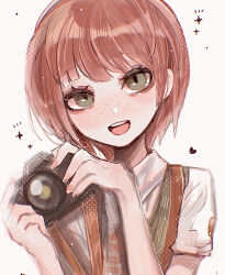 Rule 34 | 1girl, :d, blush, brown eyes, camera, collared shirt, danganronpa (series), danganronpa 2: goodbye despair, freckles, hands up, heart, highres, holding, holding camera, koizumi mahiru, naruse (nal1525), necktie, open mouth, plaid necktie, red hair, shirt, short hair, simple background, smile, solo, teeth, upper body, upper teeth only, white background