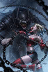 Rule 34 | 1boy, 1girl, armpit cutout, batman (series), black thighhighs, blonde hair, blood, blue hair, blurry, blurry foreground, chain, choker, claws, clenched hands, clothing cutout, commentary, covered eyes, crop top, dc comics, depth of field, english commentary, evil grin, evil smile, eyelashes, fighting, fingerless gloves, gloves, grin, hammer, hands up, harley quinn, highres, holding, holding hammer, jacket, jee-hyung lee, lips, long sleeves, looking at another, multicolored hair, open clothes, open jacket, parted lips, profile, red thighhighs, sharp teeth, short shorts, shorts, signature, smile, spikes, straitjacket, teeth, the batman who laughs, thighhighs, whip