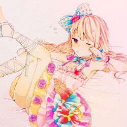 Rule 34 | 1girl, bare shoulders, blonde hair, bow, bowtie, braid, brown eyes, commentary request, dress, feet out of frame, flat chest, food, fruit, futaba anzu, hair bow, highres, idolmaster, idolmaster cinderella girls, leg ribbon, legs up, lying, multicolored clothes, multicolored dress, on back, one eye closed, photo (medium), ribbon, rubbing eyes, sks (s3 rosquilla), sleepy, solo, strawberry, traditional media, twin braids, wrist cuffs