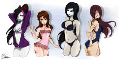 Rule 34 | 4girls, absurdres, arms behind back, arms behind head, ass, blood, blue eyes, breasts, brown hair, cleavage, colored skin, creepypasta, green eyes, hair over one eye, highres, jane the killer, long hair, looking back, mask, multiple girls, nina the killer, original, pale skin, ponytail, sally williams, signature, swimsuit, white skin