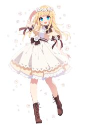 Rule 34 | 1girl, :d, arm up, blonde hair, blue eyes, blush, boots, bow, brown bow, brown footwear, cross-laced footwear, dress, flower, frilled dress, frills, full body, hair flower, hair ornament, lace-up boots, looking at viewer, mamyouda, open mouth, original, short sleeves, simple background, smile, solo, standing, tachi-e, white background, white flower, yellow dress