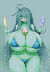 Rule 34 | 1girl, 2b-ge, ahoge, bags under eyes, between breasts, bikini, blue bikini, blush, breasts, cleavage, eyelashes, female focus, food, gigantic breasts, green theme, grey background, hair over one eye, happy, highres, holding, holding food, holding popsicle, limited palette, long hair, looking at viewer, mei (2b-ge), messy hair, micro bikini, open mouth, original, popsicle, shiny skin, smile, solo, spot color, swimsuit, thick thighs, thighs, wide hips