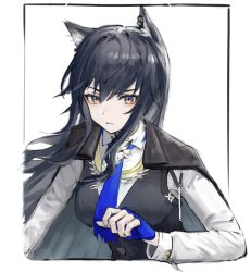 Rule 34 | 1girl, animal ear fluff, animal ear piercing, animal ears, arknights, black hair, black jacket, black vest, blue eyes, blue gloves, blue necktie, border, breasts, buttoned cuffs, buttons, closed mouth, collared shirt, commentary, cropped torso, dress shirt, eyeliner, fingerless gloves, gloves, hair between eyes, hair flowing over, hand up, highres, jacket, jacket on shoulders, jin (7kijin), large breasts, long hair, long sleeves, looking at viewer, makeup, multicolored eyes, necktie, official alternate costume, orange eyes, outside border, pale skin, piercing, puffy long sleeves, puffy sleeves, red eyeliner, serious, shirt, sidelocks, simple background, solo, standing, straight hair, texas (arknights), texas the omertosa (arknights), torn clothes, torn necktie, two-tone eyes, upper body, v-shaped eyebrows, vest, white background, white border, white shirt, wing collar, wolf ears, wolf girl, wolf head