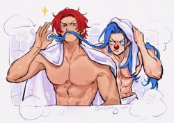 Rule 34 | &gt;:(, 2boys, abs, absurdres, artist name, blue eyes, blue hair, brown eyes, buggy the clown, clown nose, drying, drying hair, hair intakes, hair mustache, hand up, highres, holding another&#039;s hair, large pectorals, light blush, long hair, looking at another, male focus, multiple boys, muscular, muscular male, naked towel, one piece, pectorals, red hair, red nose, shanks (one piece), short hair, shower (place), sparkle, steam, towel, towel around neck, towel on head, twitter username, underbite, upper body, v-shaped eyebrows, vamos mk, wet, white background, white towel