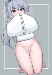 Rule 34 | 1girl, barefoot, blush, cleft of venus, clothes lift, commentary, grey eyes, grey hair, hands in opposite sleeves, hat, heart, highres, japanese clothes, kariginu, kneeling, mononobe no futo, nuclear cake, pelvic curtain, pelvic curtain lift, ponytail, pussy, pussy juice, ribbon-trimmed sleeves, ribbon trim, solo, tate eboshi, touhou, wide sleeves