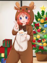 Rule 34 | 1girl, :d, animal costume, animal ears, antlers, blue eyes, blush, blush stickers, bow, bowtie, box, cake, cake slice, christmas, christmas lights, christmas ornaments, christmas tree, commentary request, deer ears, diagonal stripes, food, fruit, gift, gift box, holding, holding plate, horns, indoors, koshigaya natsumi, long sleeves, looking at viewer, non non biyori, open mouth, orange hair, plate, reindeer antlers, reindeer costume, shika (s1ka), smile, solo, standing, star (symbol), strawberry, strawberry shortcake, striped, v